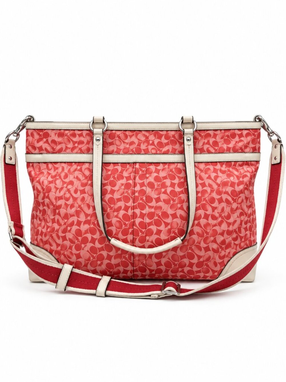 Coach Signature C Red Pink Canvas Tote Bag Leather Trim Shoulder Strap Large